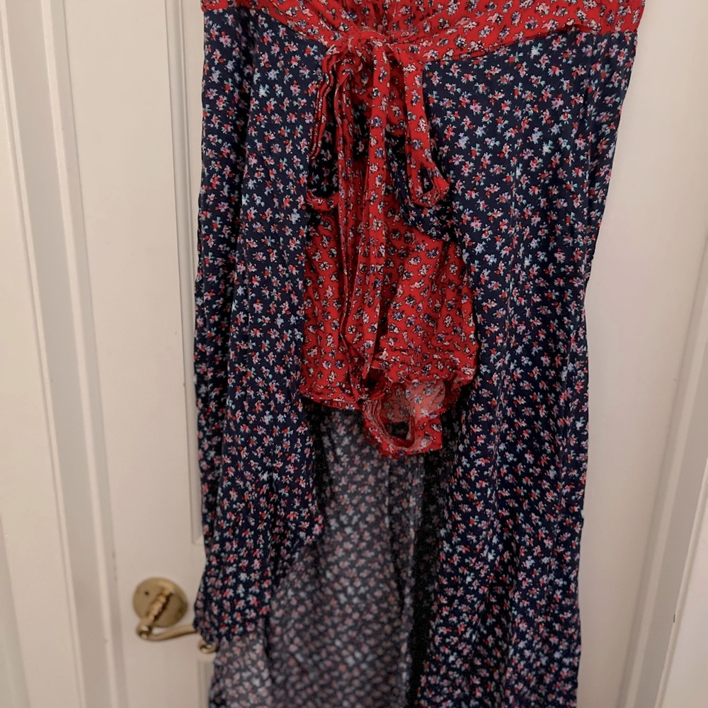 Blue and red long maxi skirt with built in shorts. Size large. Front tie